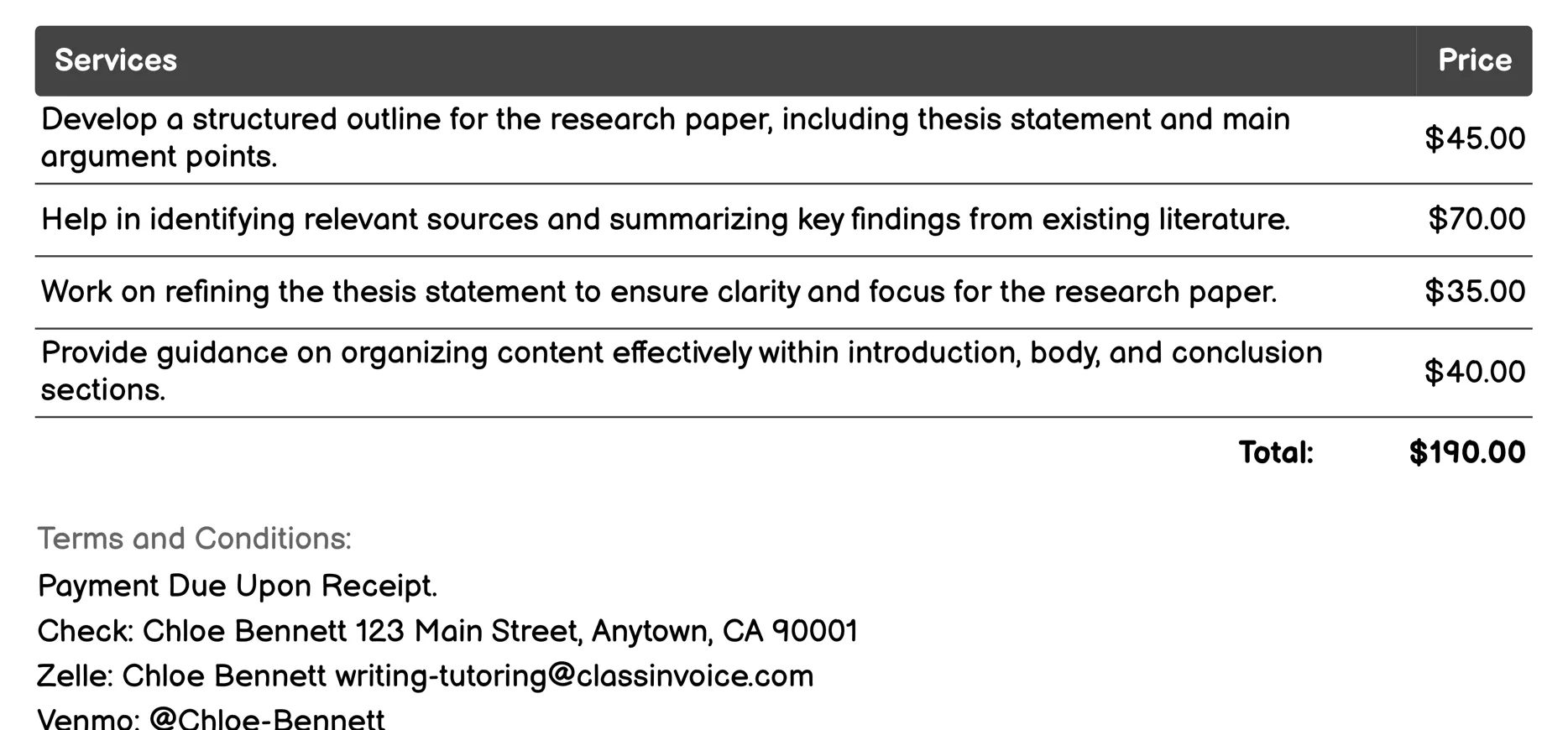 Research Paper Assistance Invoice Example