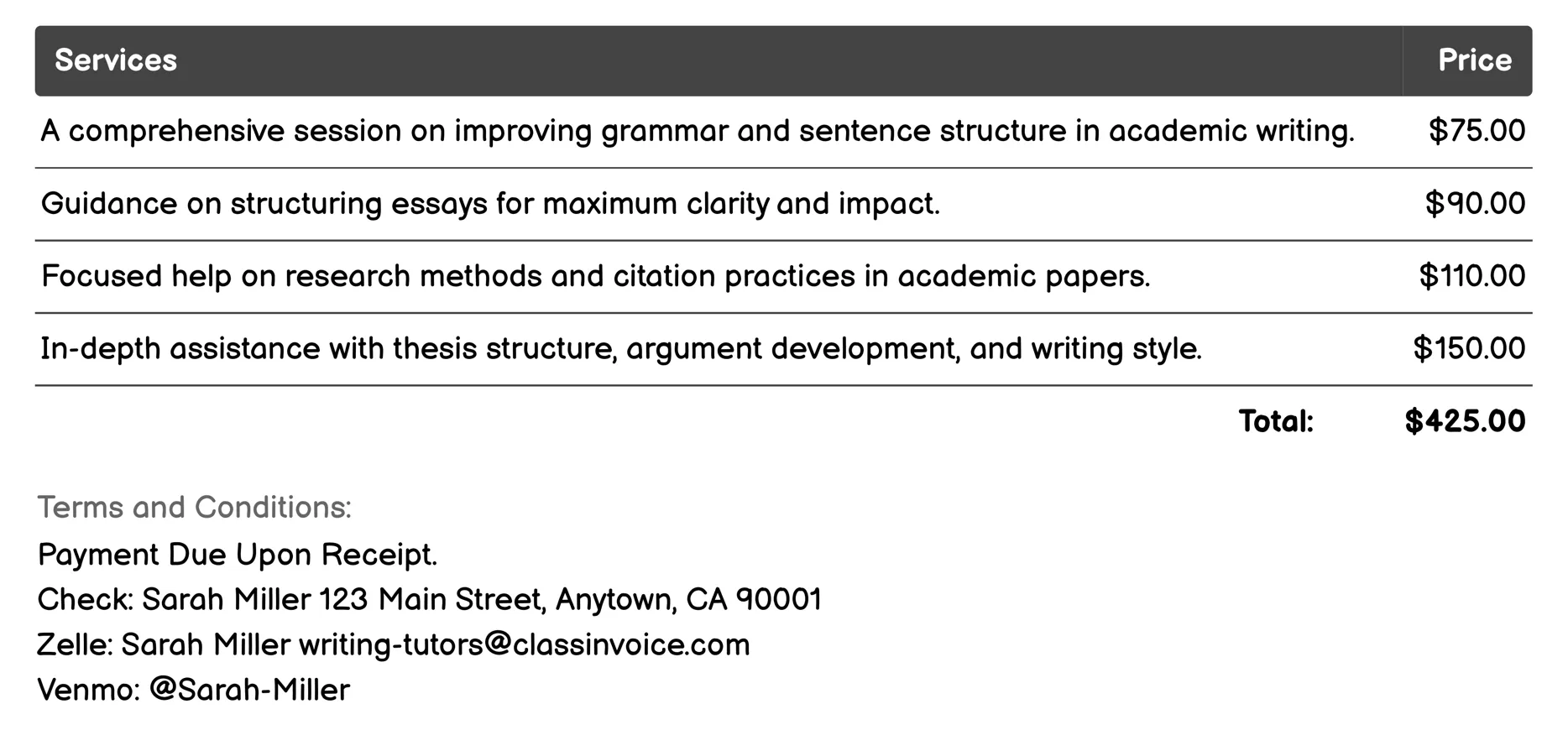 Academic Writing Workshops Invoice Example