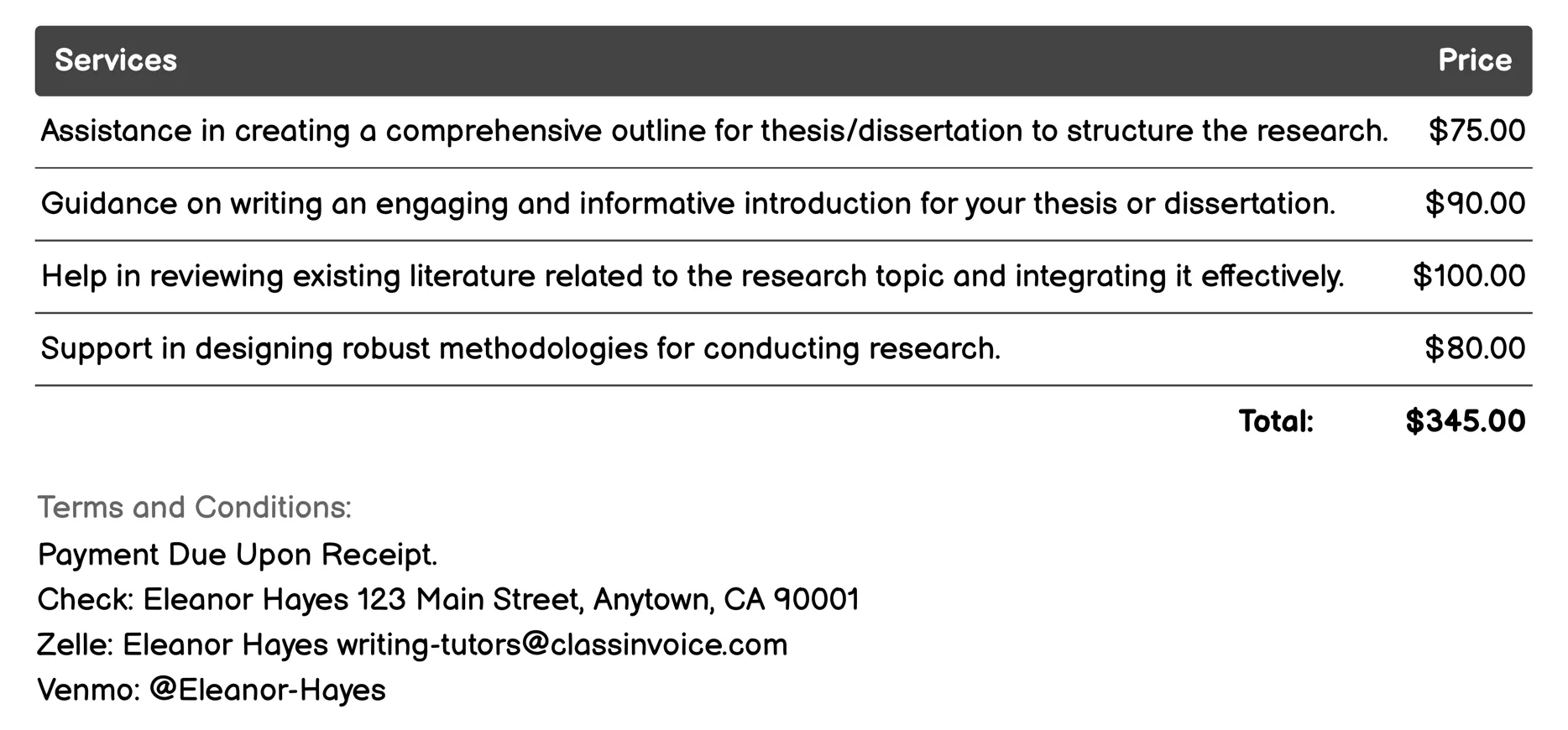 Thesis/Dissertation Guidance Invoice Example