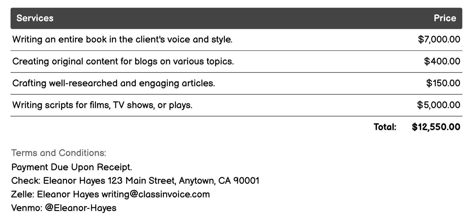 Ghostwriting Invoice Example