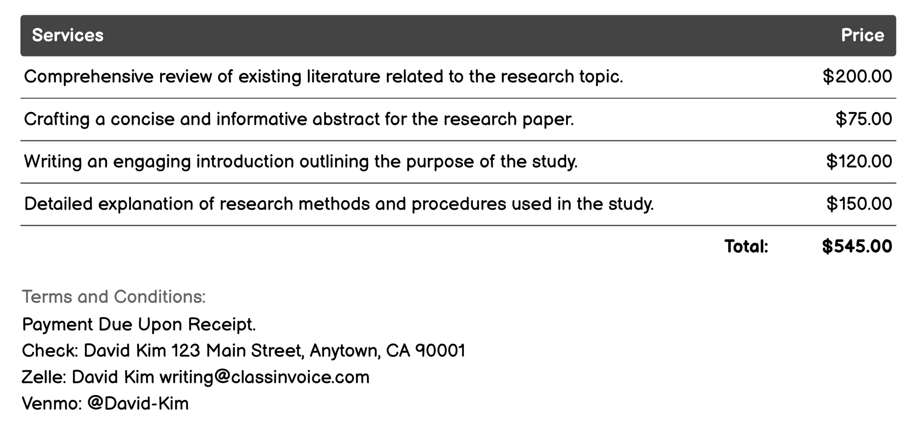 Research Paper Writing Invoice Example