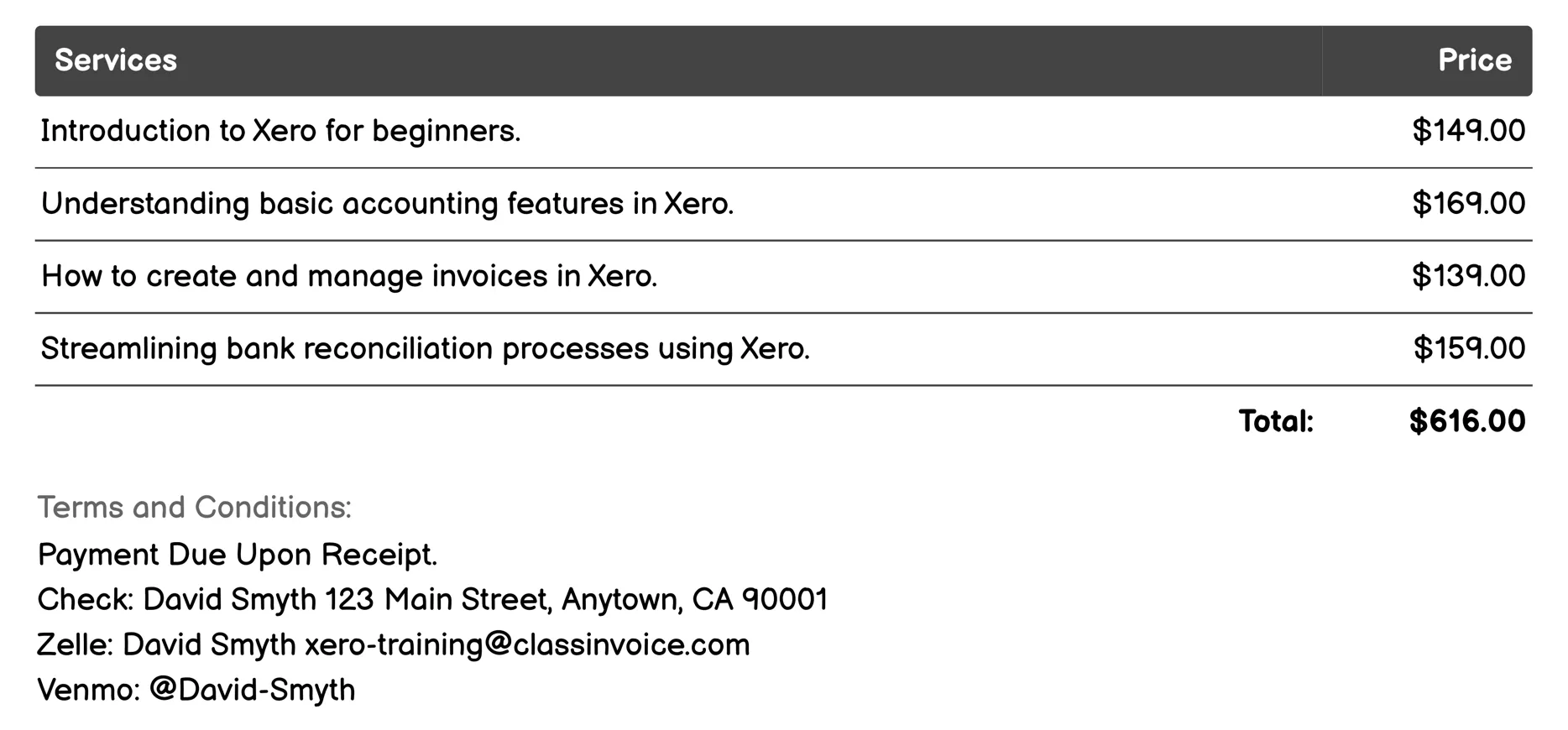 Live Webinars Invoice Example