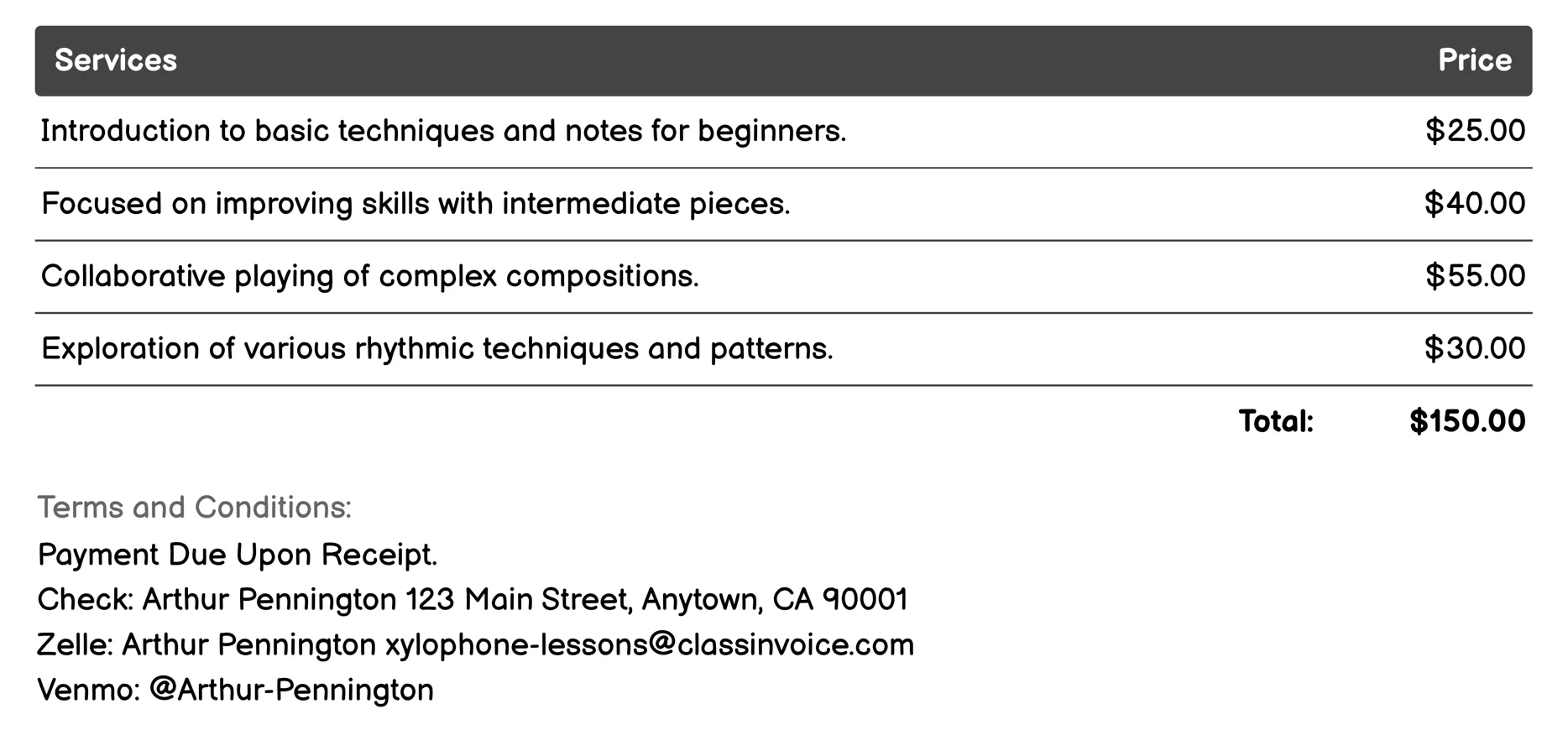 Group Classes Invoice Example