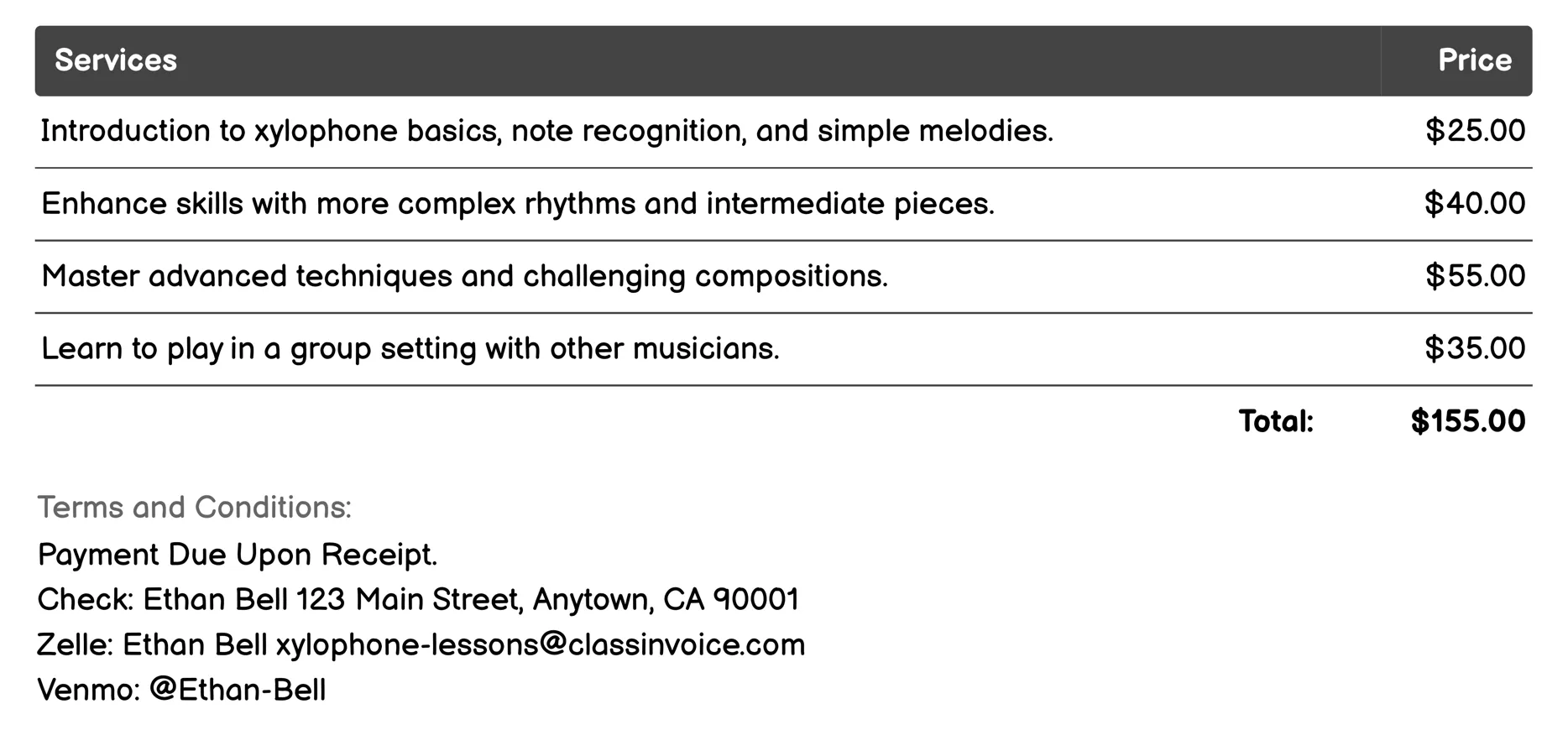Private Lessons Invoice Example