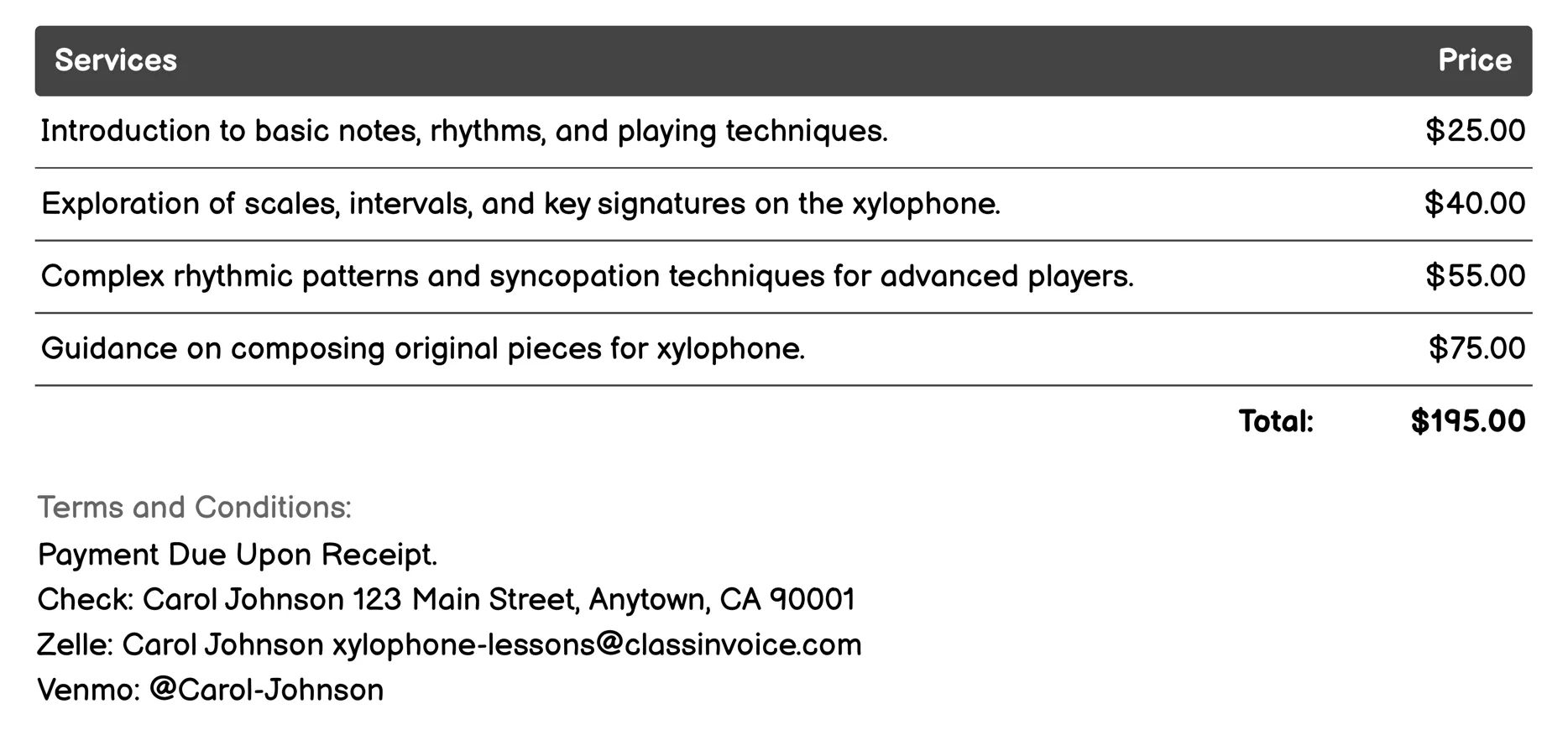 Theory and Composition Invoice Example
