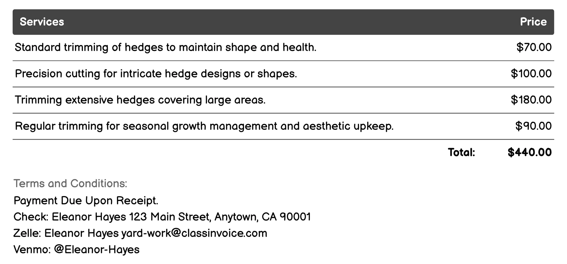 Hedge Trimming Invoice Example