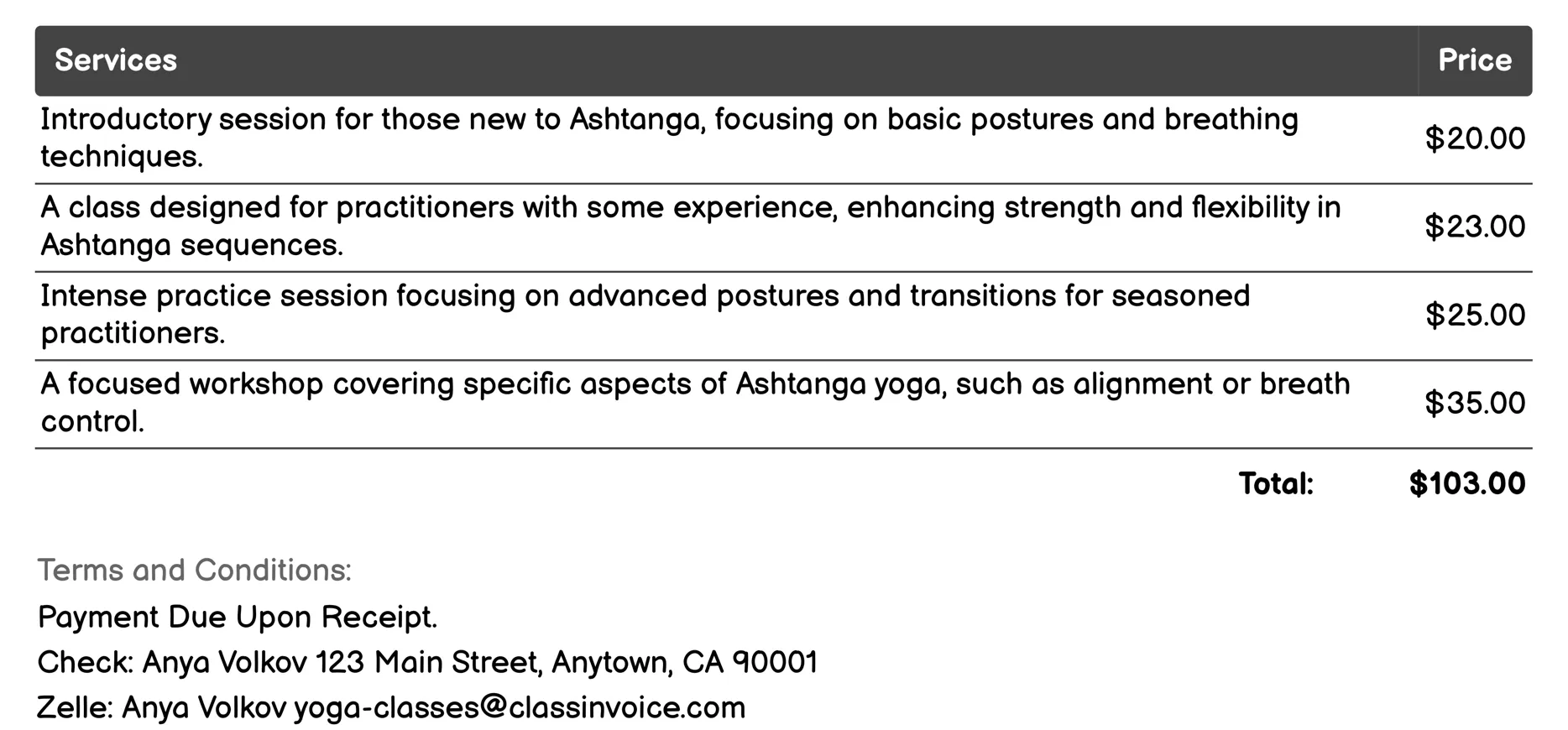 Ashtanga Yoga Invoice Example