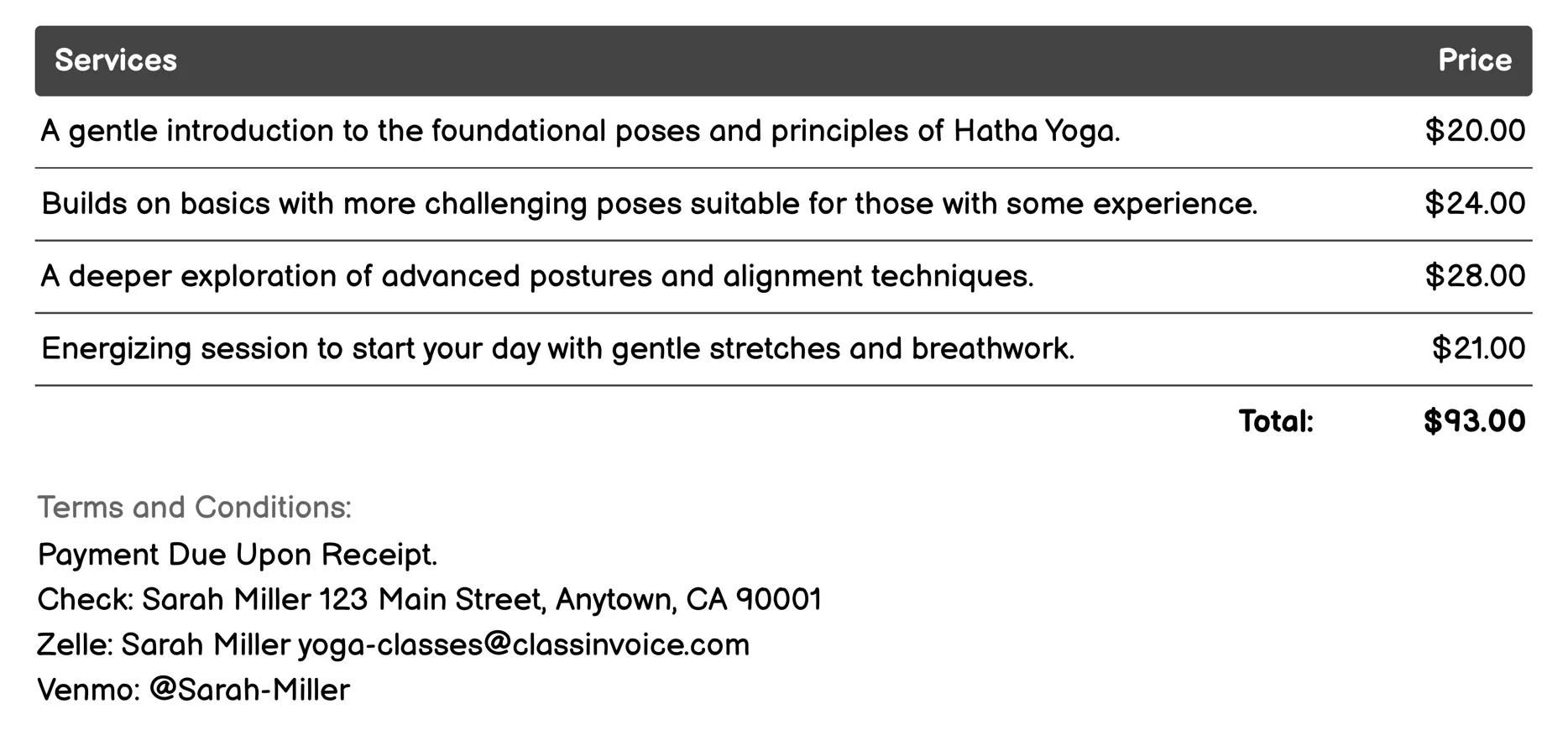 Hatha Yoga Invoice Example