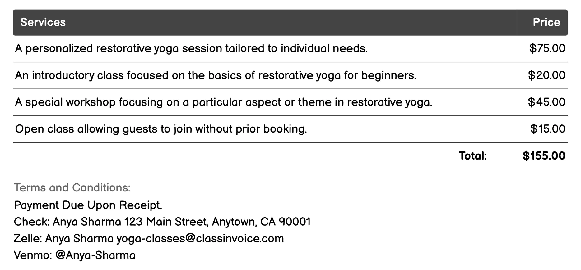 Restorative Yoga Invoice Example