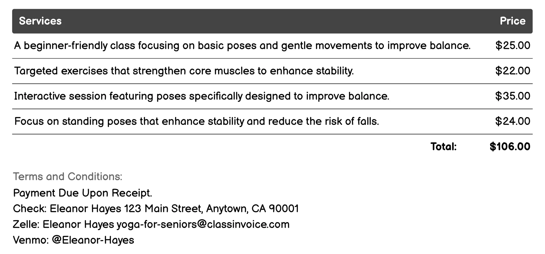 Balance & Stability Yoga Invoice Example