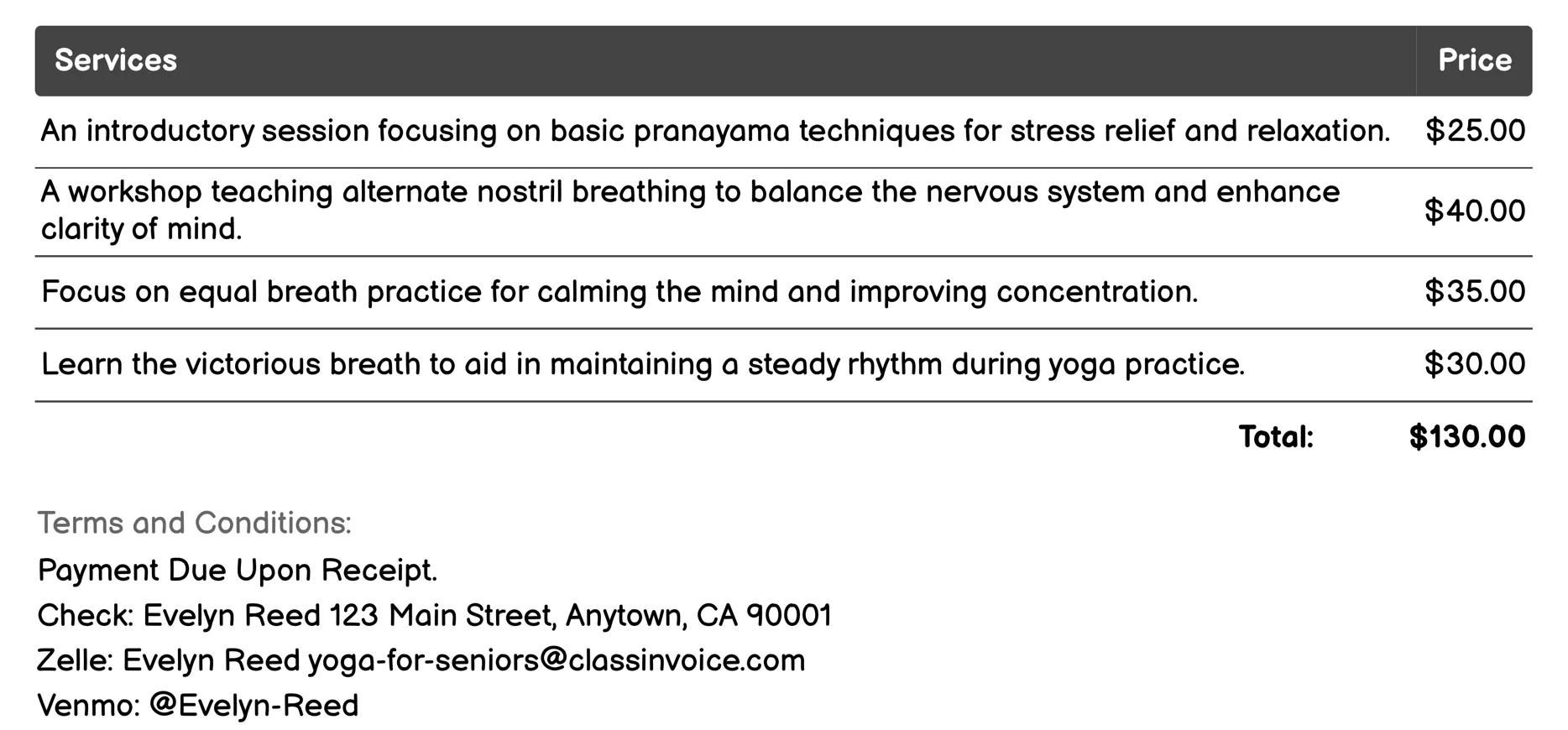 Breathwork Yoga (Pranayama) Invoice Example