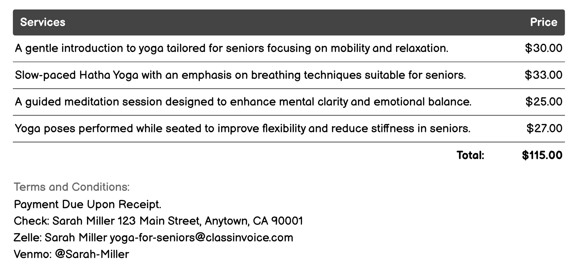 Mindfulness Meditation with Yoga Invoice Example