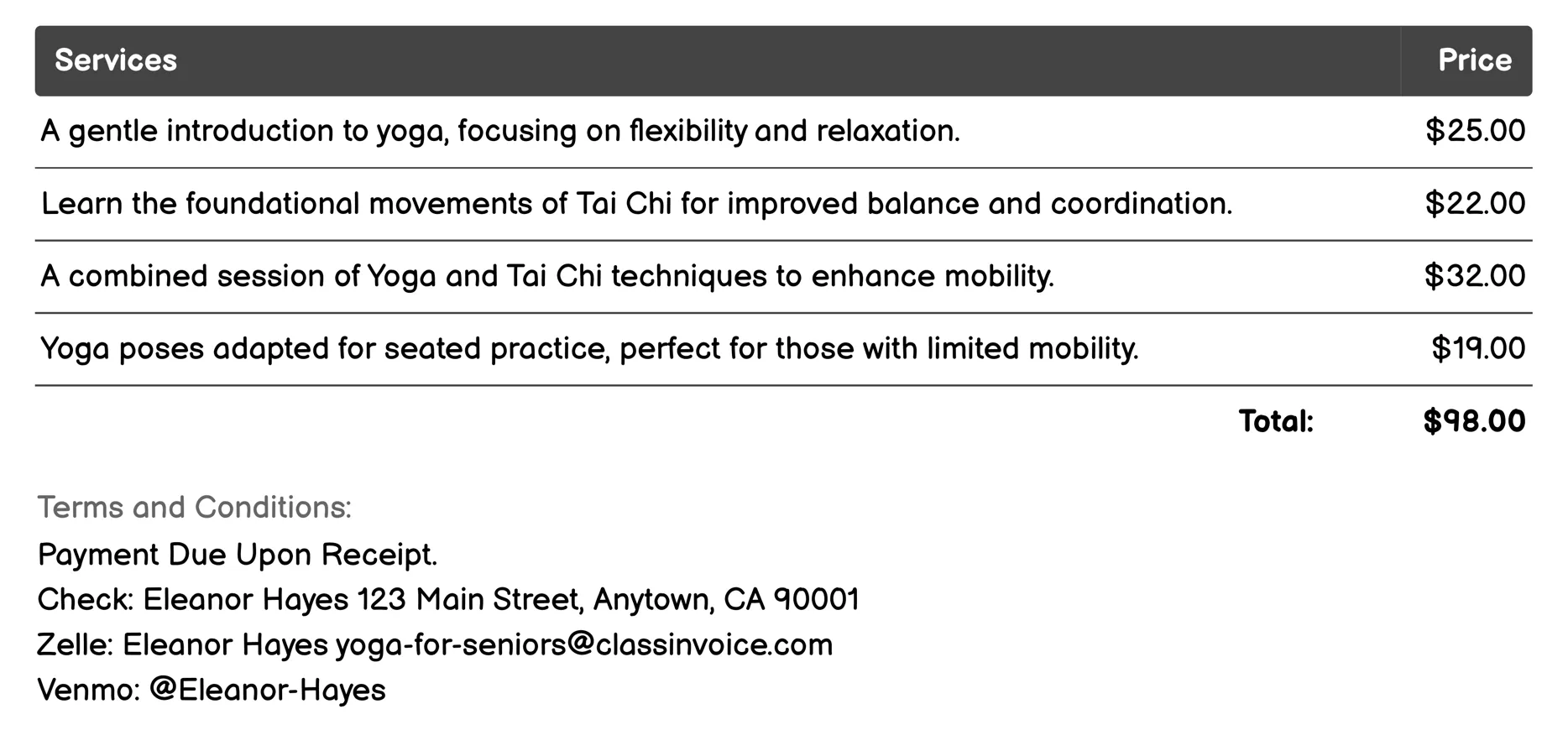 Tai Chi Yoga Fusion Invoice Example