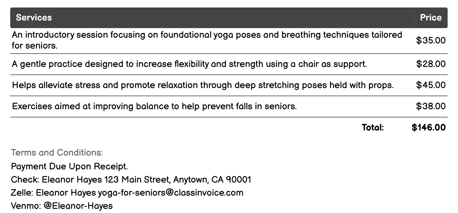 Yoga Therapy Invoice Example