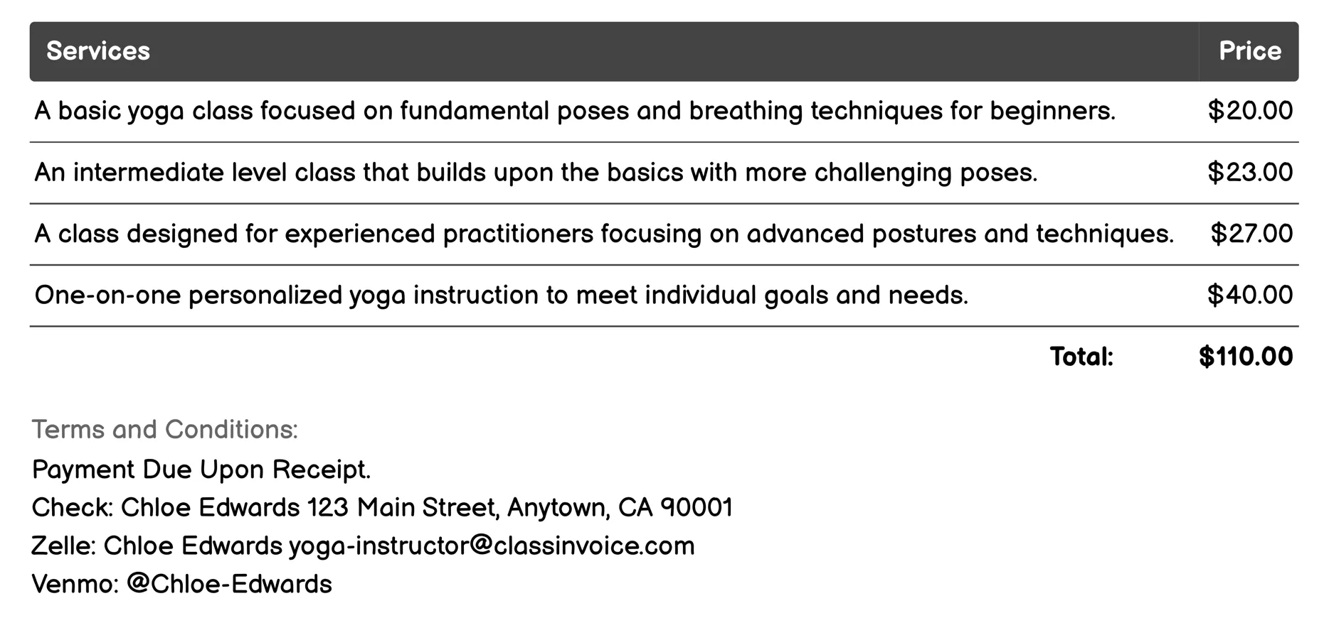 Hatha Yoga Classes Invoice Example