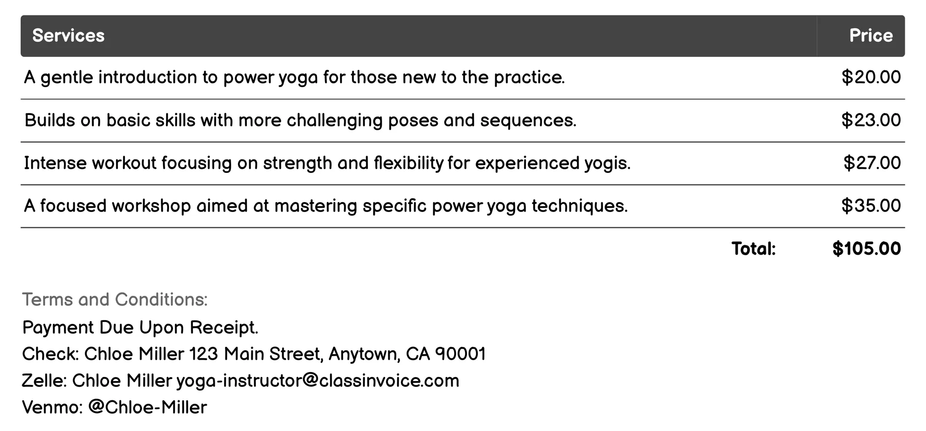 Power Yoga Classes Invoice Example