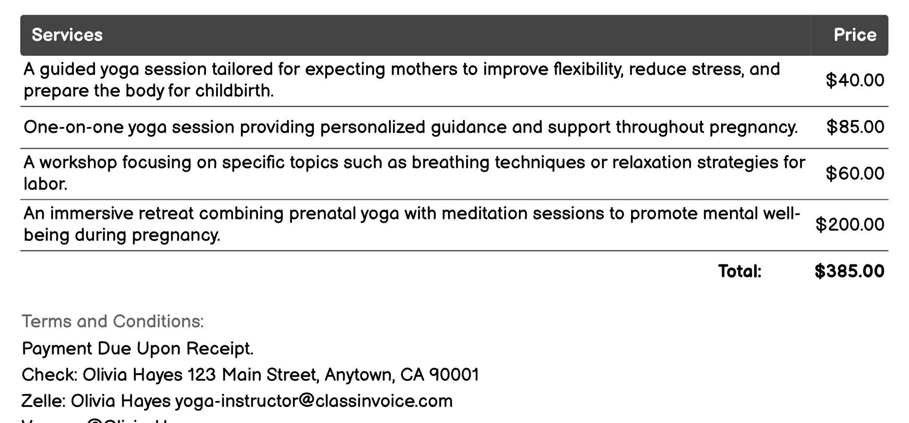 Prenatal Yoga Classes Invoice Example