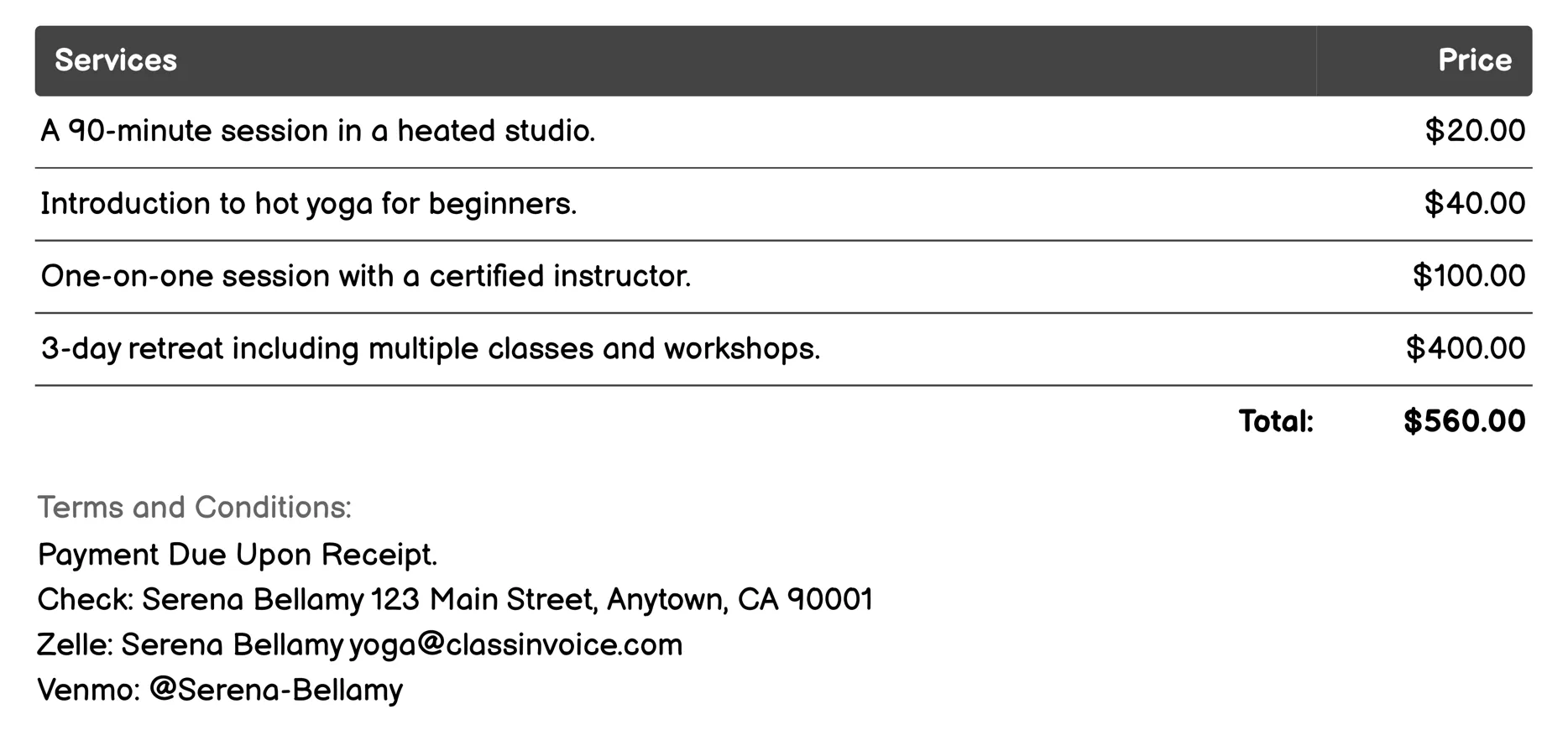 Hot Yoga Invoice Example