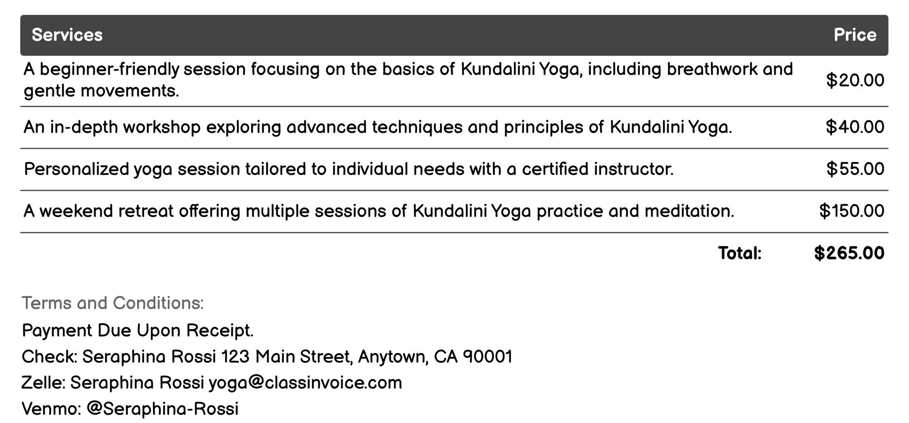 Kundalini Yoga Invoice Example