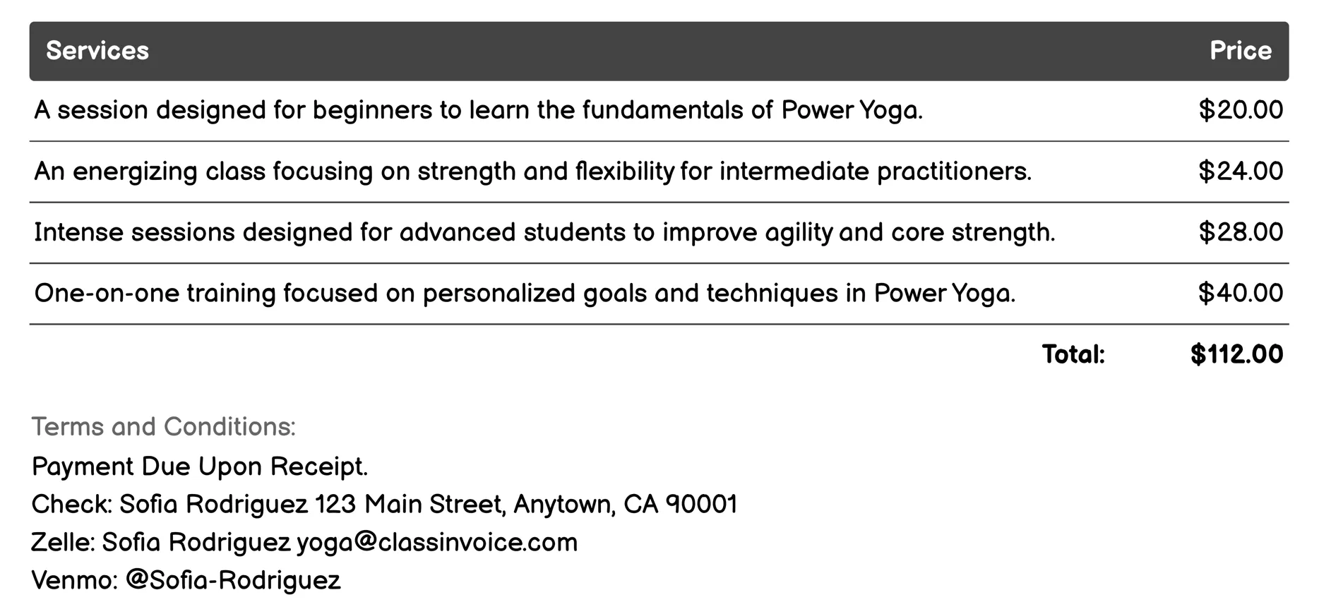Power Yoga Invoice Example
