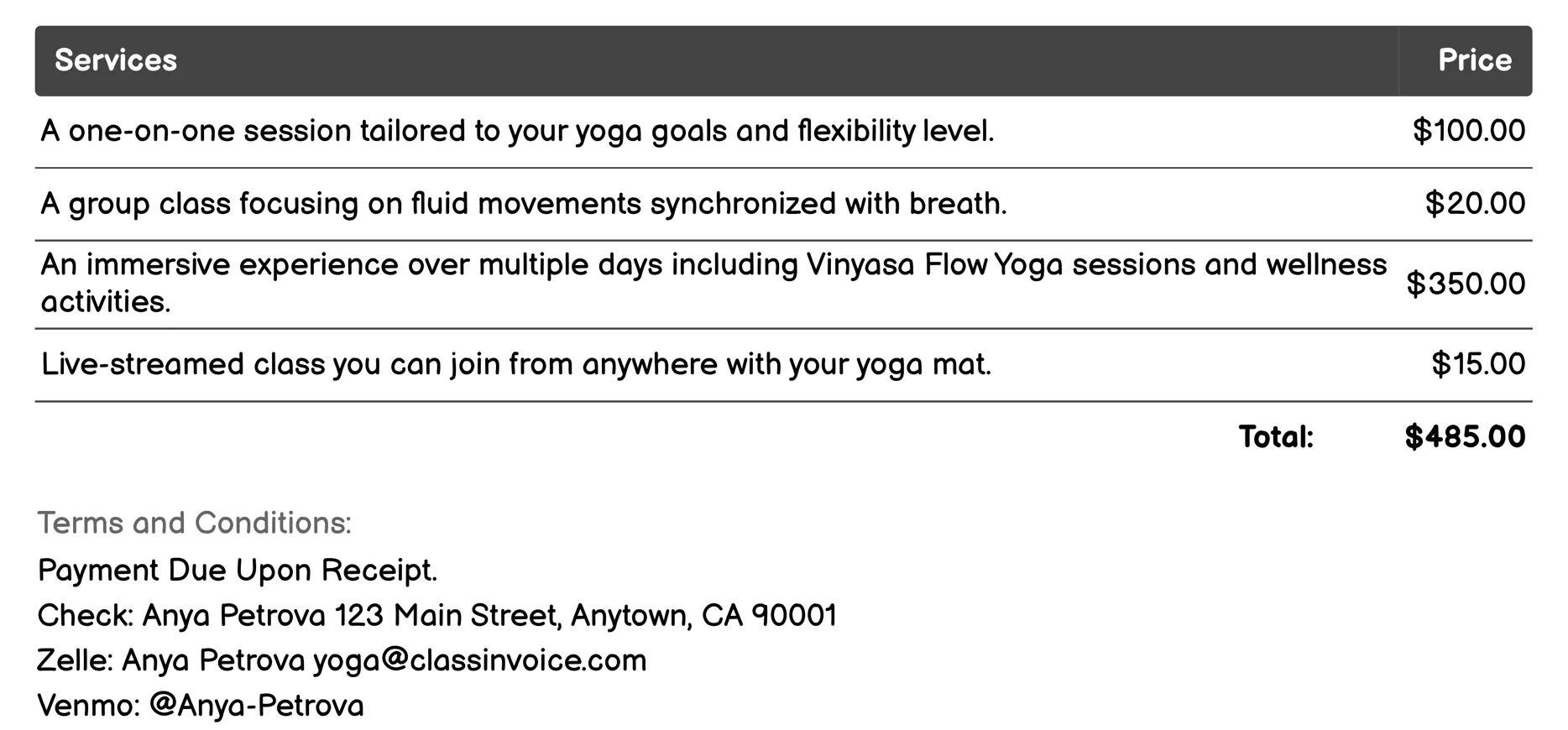 Vinyasa Flow Yoga Invoice Example