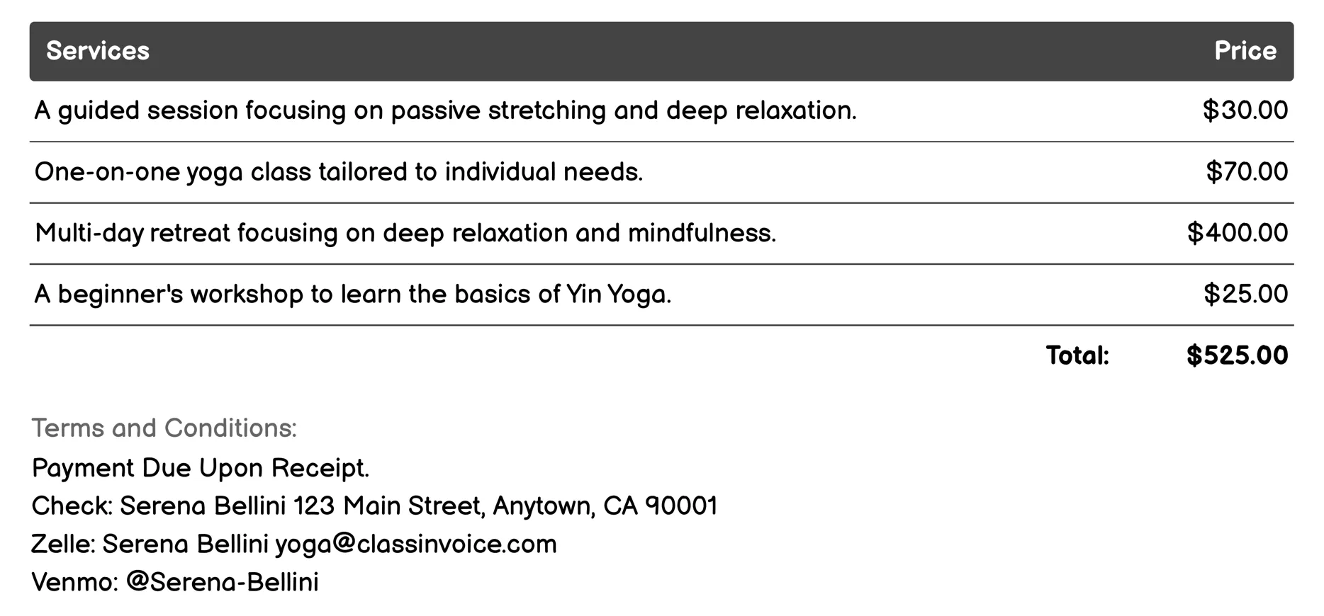 Yin Yoga Invoice Example