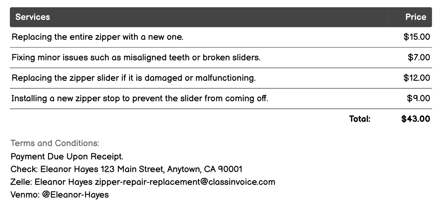 Dress Zipper Repair Invoice Example