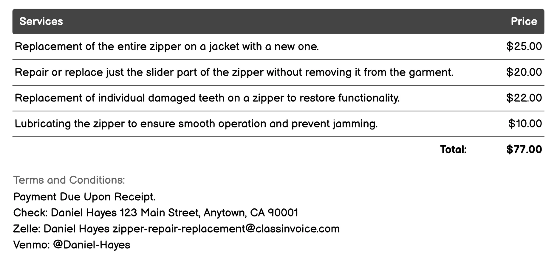 Jacket Zipper Replacement Invoice Example