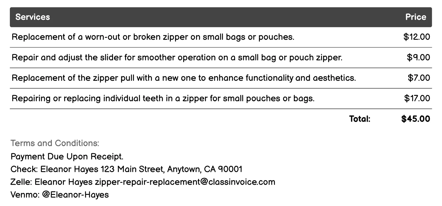 Pouch and Small Bag Zipper Repair Invoice Example