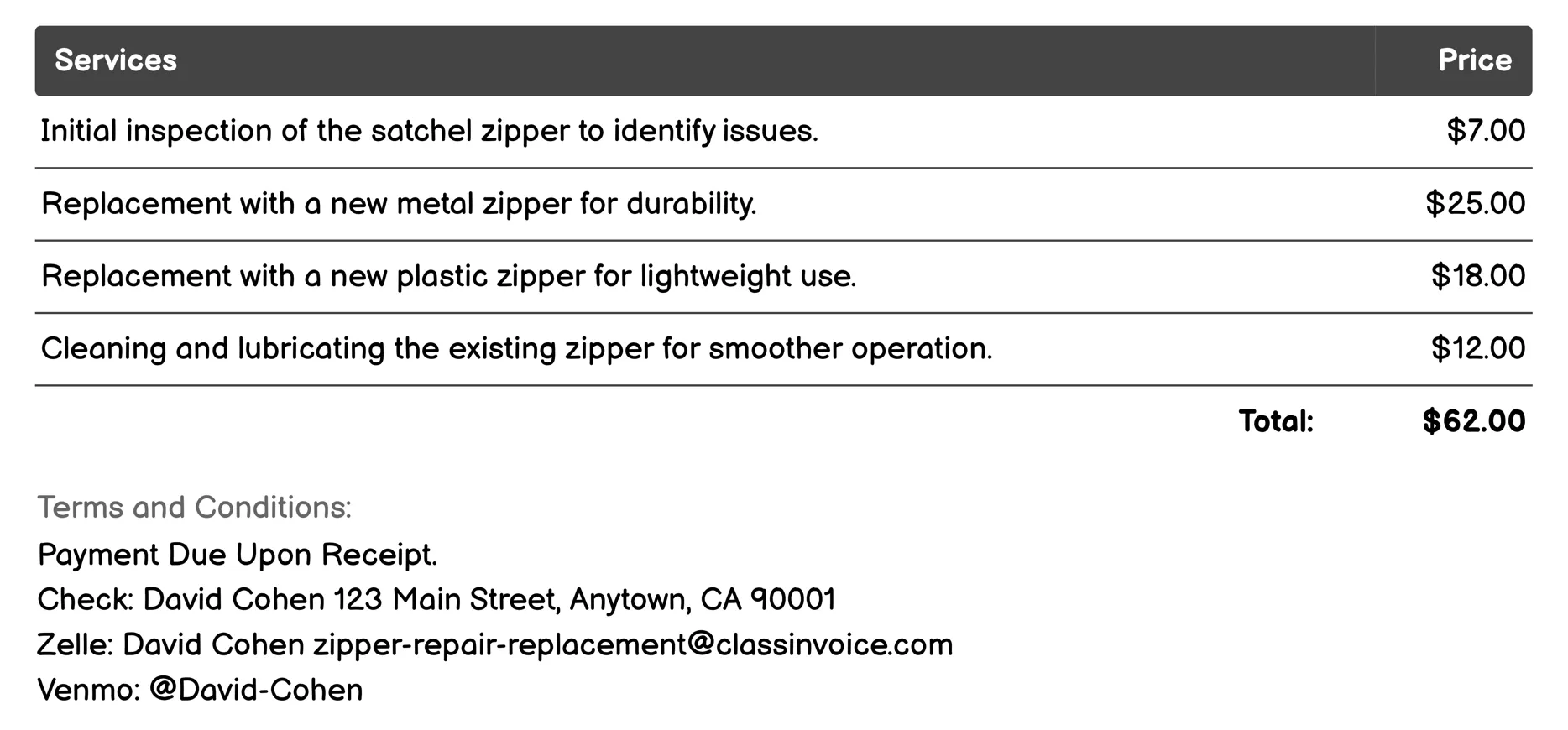Satchel Zipper Replacement Invoice Example