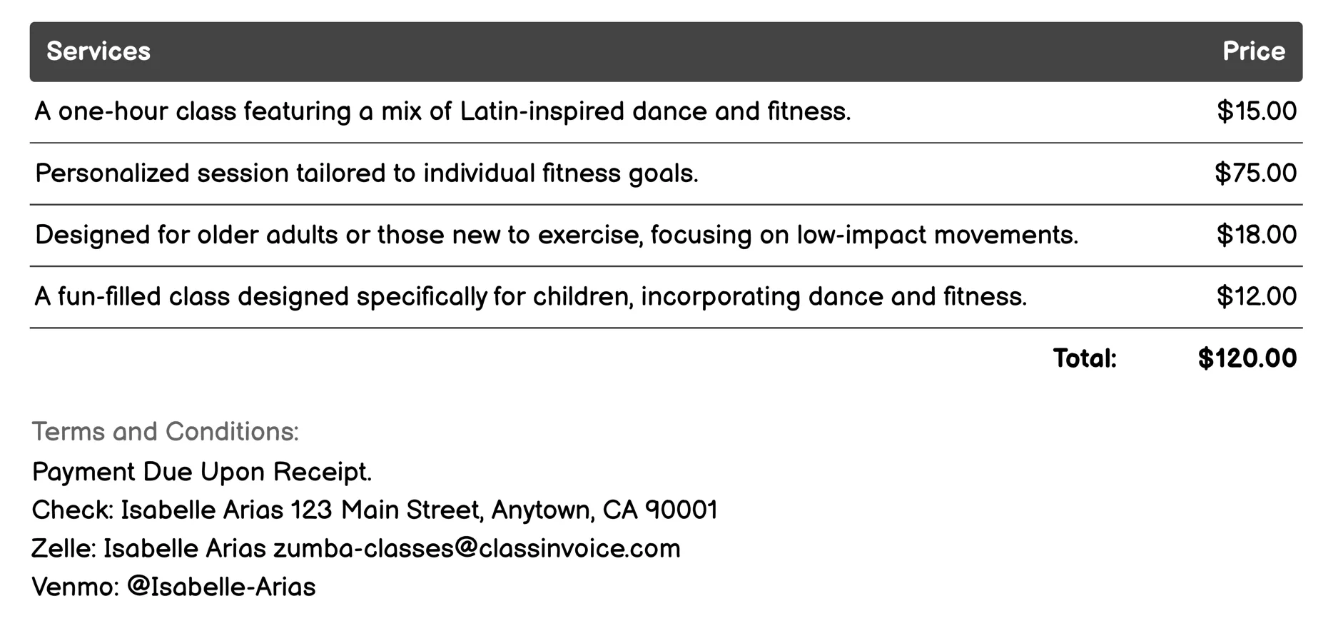 Ripped by Zumba® Invoice Example