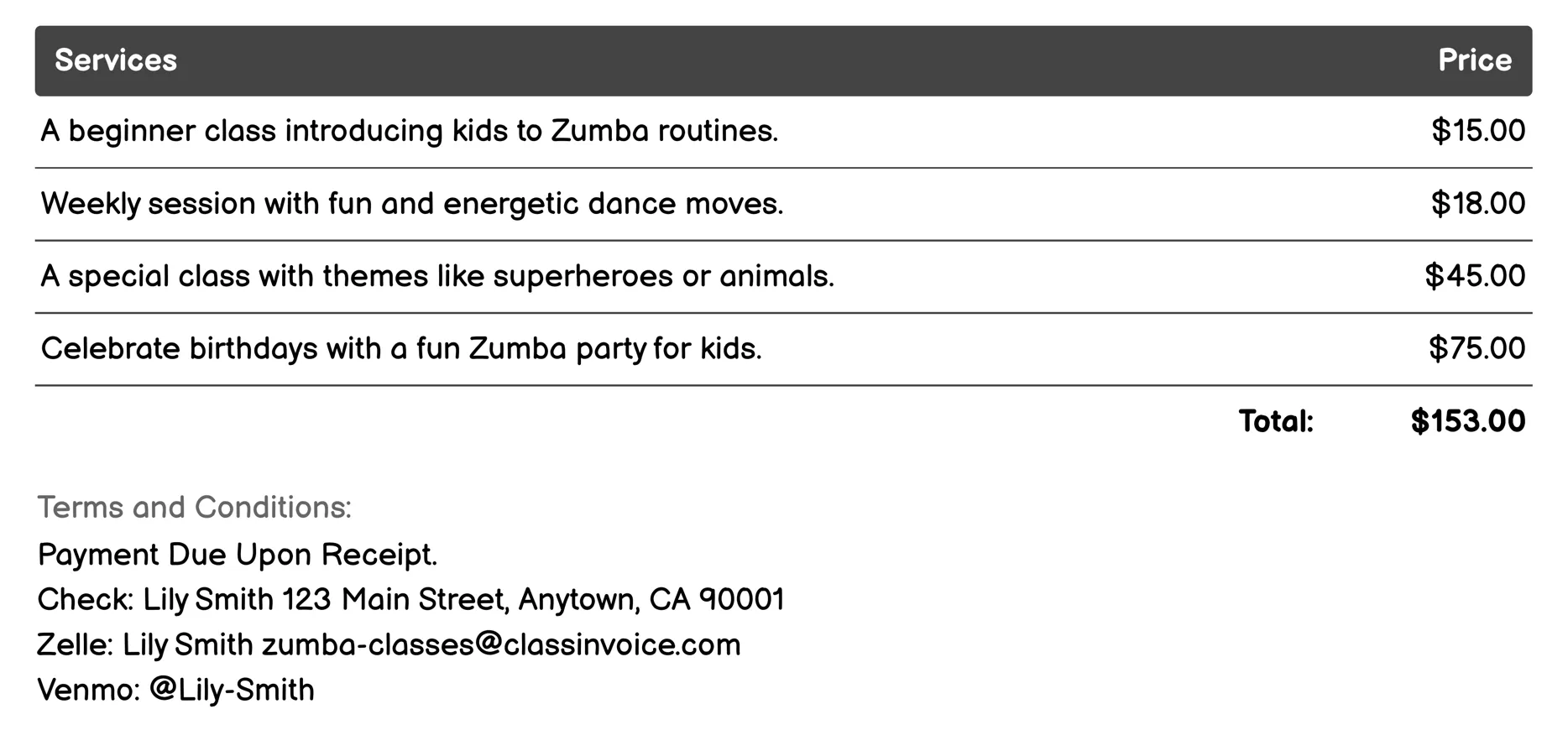 Zumba Kids Invoice Example