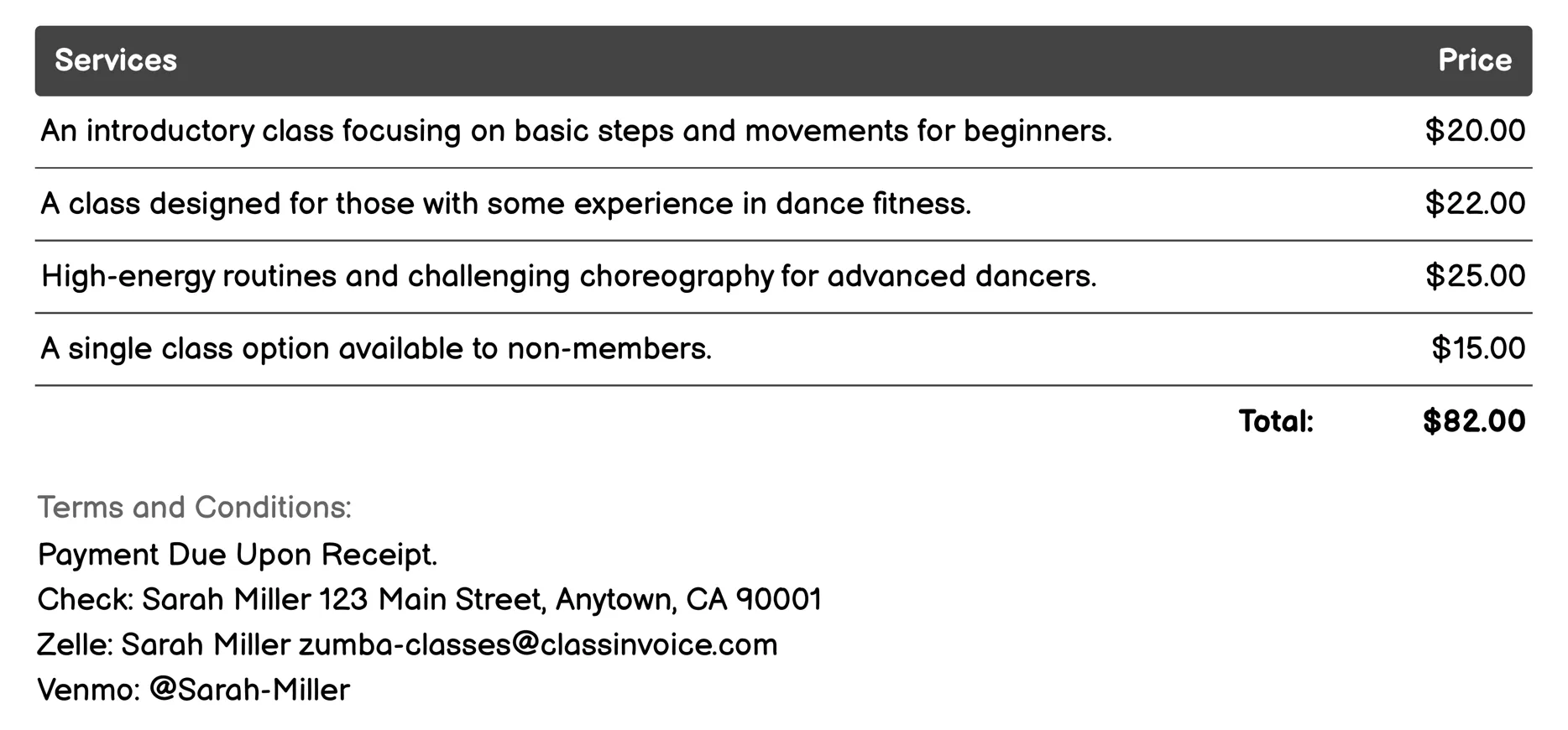 Zumba® Step Invoice Example